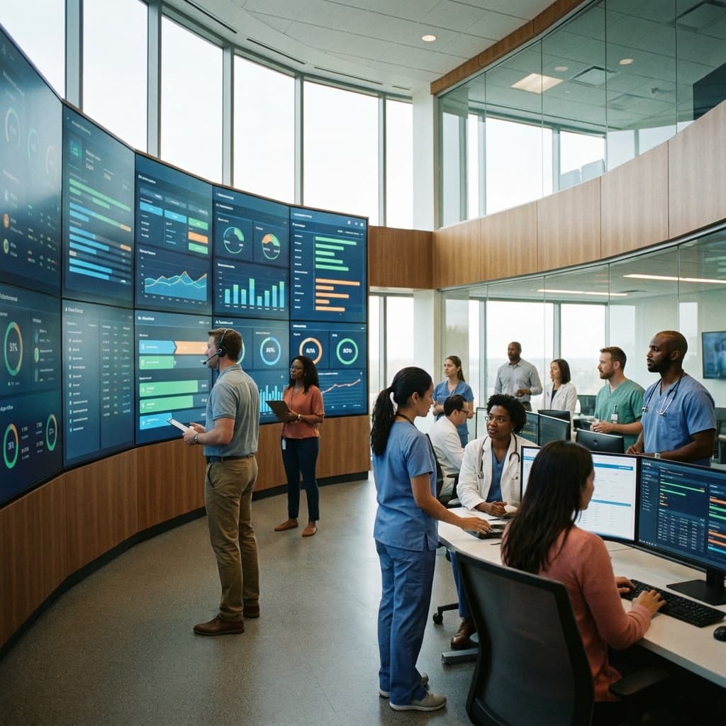 Clinic operations team monitoring unified patient workflow dashboards