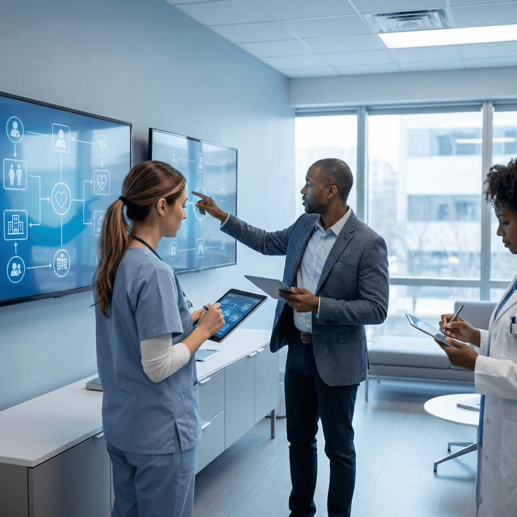 Clinic operations team coordinating an automated patient journey workflow in a modern telemedicine office