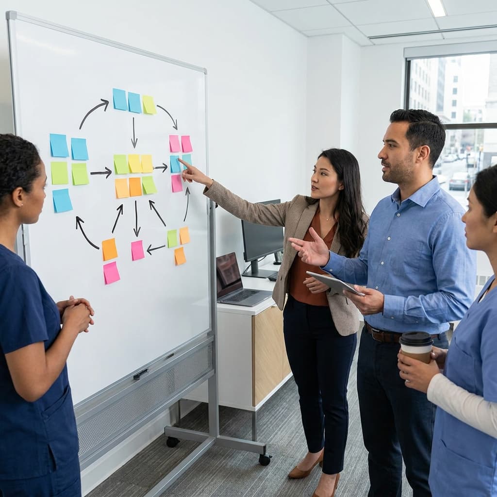 Telemedicine clinic team optimizing patient intake workflow for faster consult scheduling