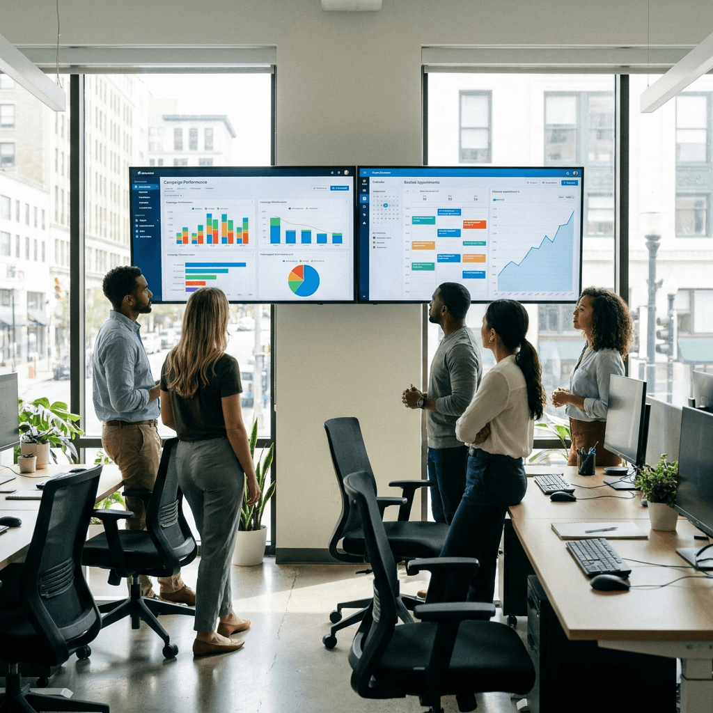 Clinic team reviewing connected attribution and scheduling performance dashboards