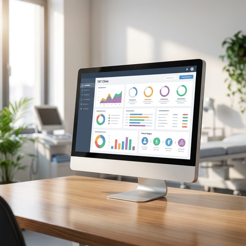 A modern TRT clinic operations dashboard concept with charts, payment status indicators, and patient workflow cues on a clean monitor in a professional healthcare office, no readable text, polished natural lighting