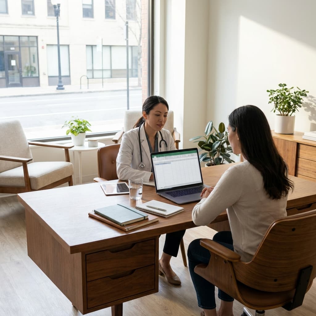A clinic operations manager reviewing pricing strategy materials and patient flow notes in a modern American telemedicine office, abstract charts only, calm premium healthcare feel, natural lighting, realistic details, no logos