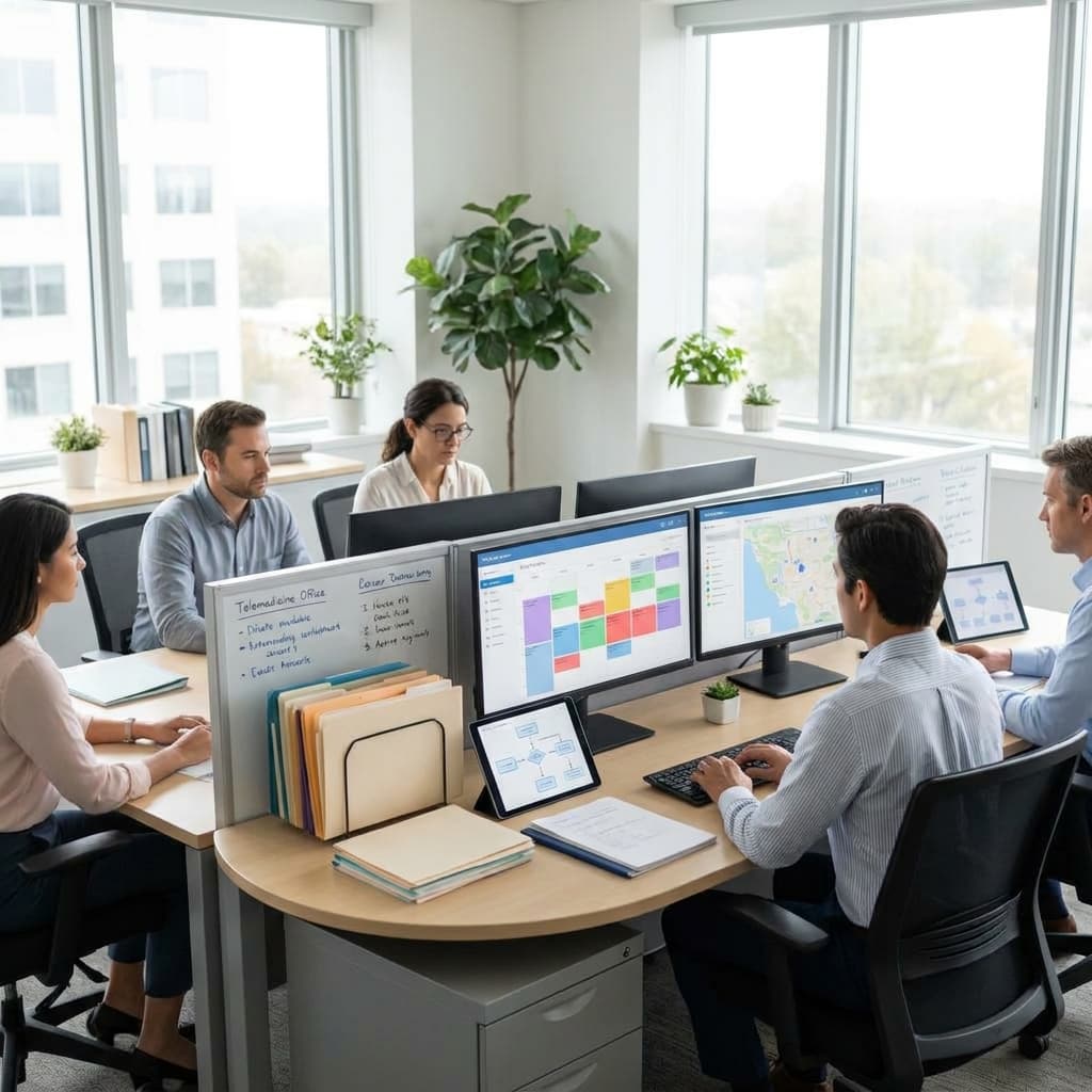 A realistic TRT clinic scheduling command center in a modern telemedicine office, appointment planning materials, intake workflow context, calm professional atmosphere, no readable text, no logos, natural daylight
