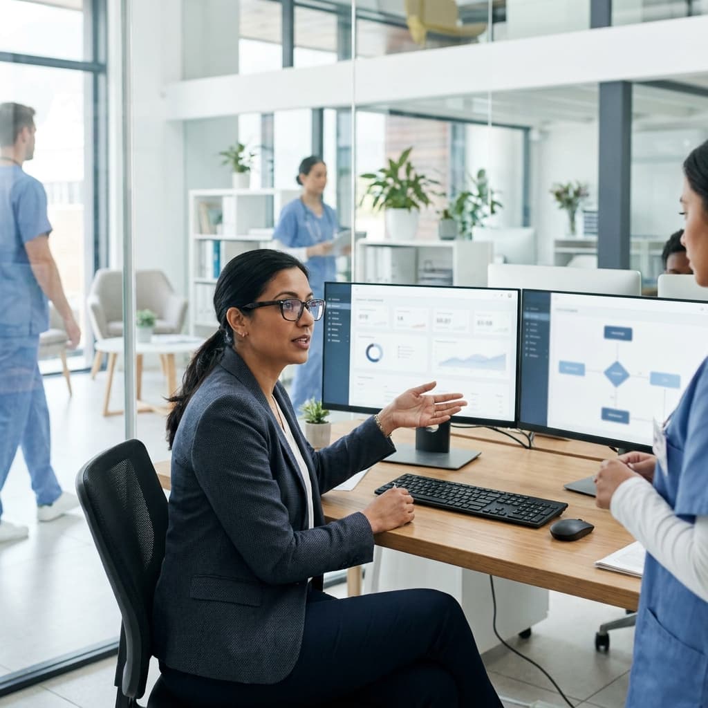 A TRT clinic operations leader reviewing automated quality assurance checkpoints across intake, follow-up, refills, and patient workflow exceptions in a modern medical office, realistic professional scene, no visible text